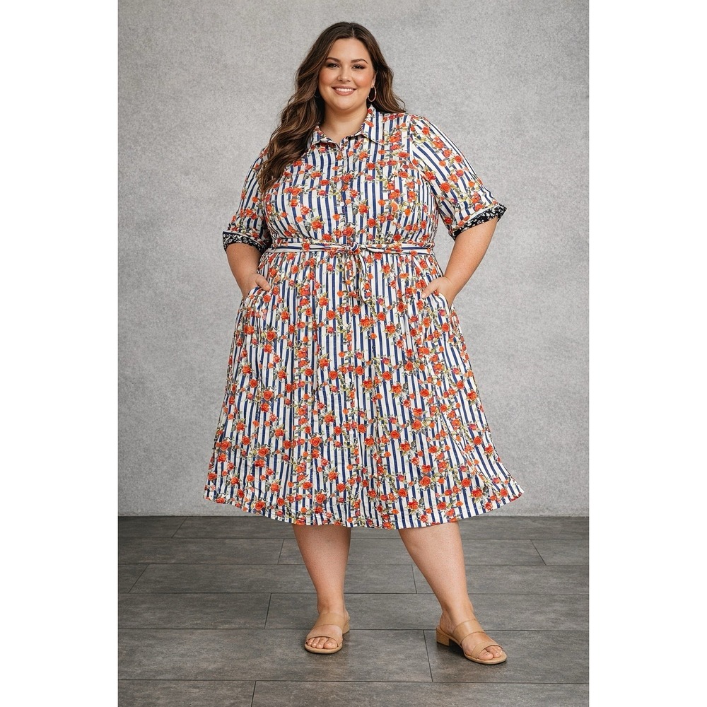 Von Landen Womens 3/4 Sleeve Shirt Dress Size 28 4XL Blue White Stripe Red Roses
